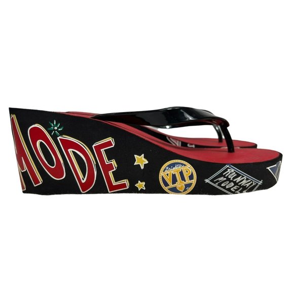 Brighton Platform Thongs 10 Black Red Walking Shoes Sandals Dustbag - Picture 1 of 10